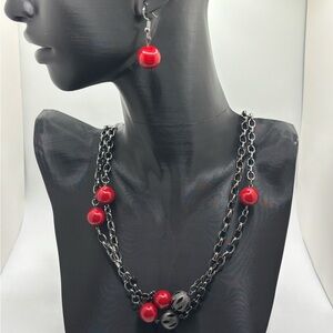 Elegant Red Bead Necklace and Earring Set